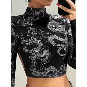 Women’s Black Dragon Oriental Print Chic Streetwear Cutout Crop Top XS, S, M, L